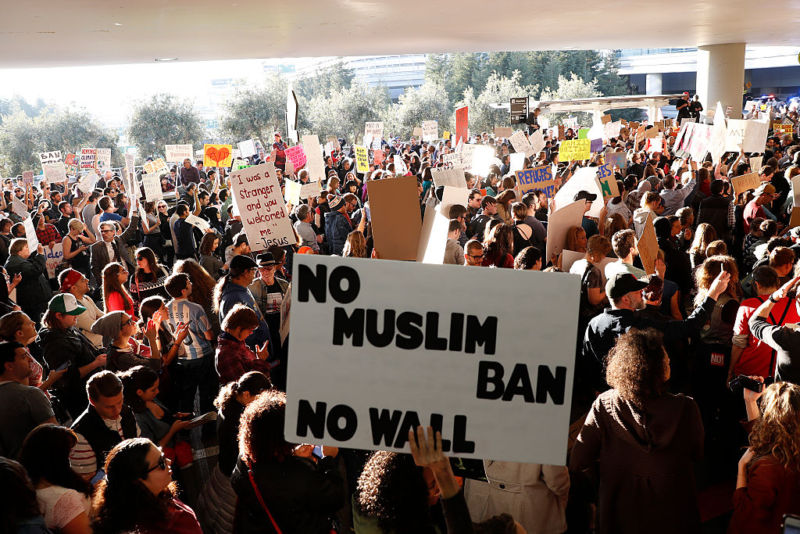 Protestors rally against Muslim immigration ban at San Francisco International Airport