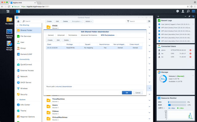 Creating an NFS share on a Synology NAS and modifying its permissions is pretty straightforward.