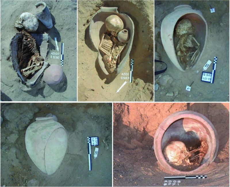 A selection of child and infant pot burials from an ancient cemetery in Adaïma, Egypt. They are between 7,500-4,700 years old. Note that some of the pots are distinctly egg-shaped.