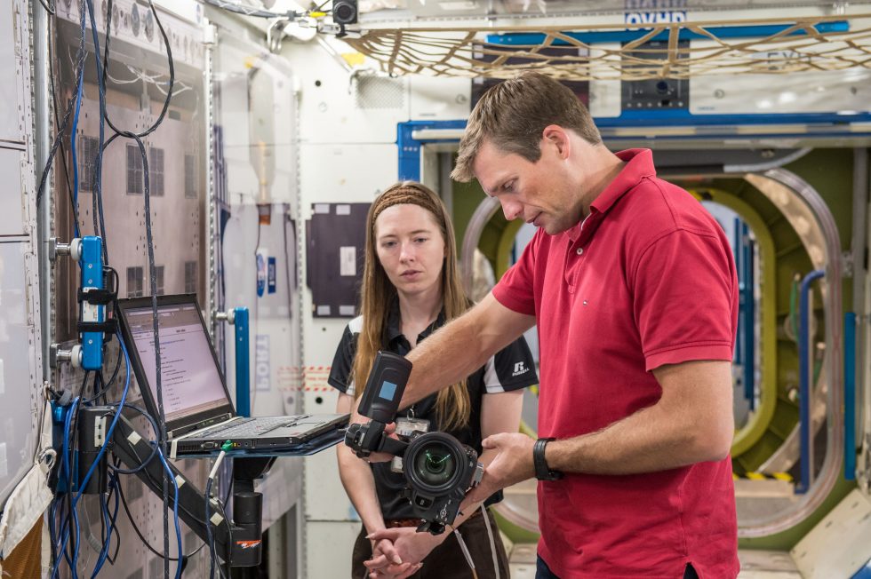 Andreas Mogensen participates in a video camera training session at NASA's Johnson Space Center. 