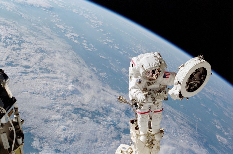 Chang-Diaz during a spacewalk in 2002, helping to construct the International Space Station.