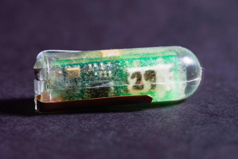 A small, ingestible voltaic cell powered by the acidic fluids in the stomach.