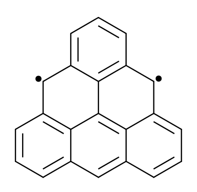 Triangle.  No matter how hard you try, you can't put double bonds on the middle rings without a carbon atom forming five bonds, which it refuses to do.  So you get unpaired electrons instead.