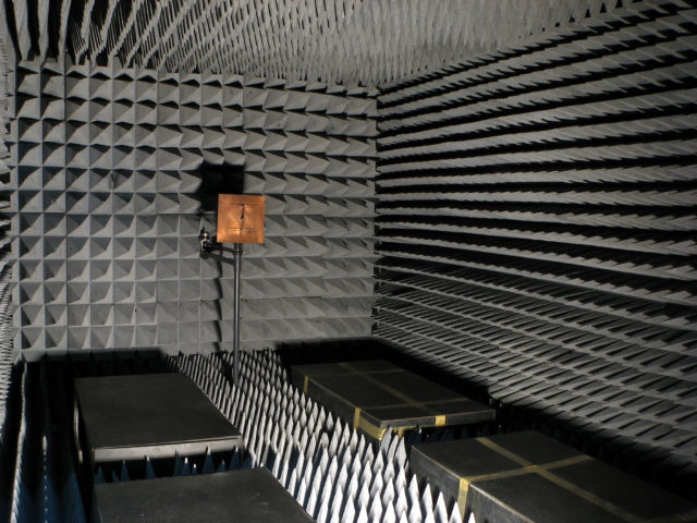Radio frequency anechoic chamber, Antennas Research Group, Democritus University of Thrace, Greece. The interior surfaces are covered with pyramidal Radiation Absorbent Material (RAM) which are made of rubberized foam impregnated with mixtures of carbon and iron.