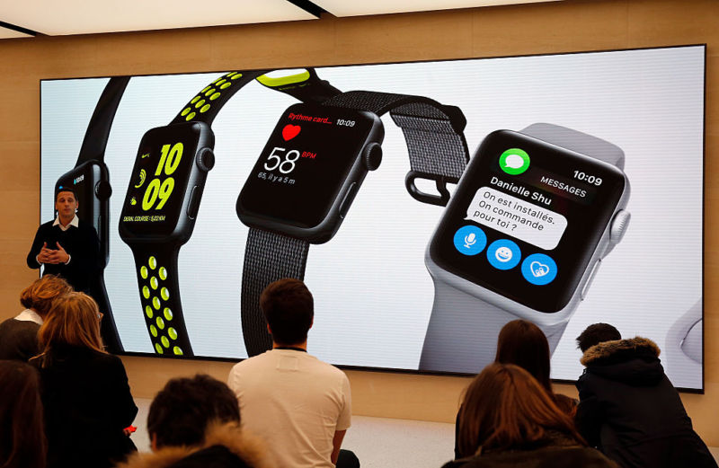 Various versions of the Apple Watch are displayed at a December 2016 press conference in an Apple store in Saint-Germain, Paris.