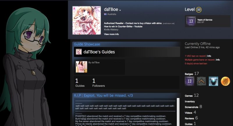 A proof-of-concept profile that exploited a serious cross-site scripting bug in the Steam community website.