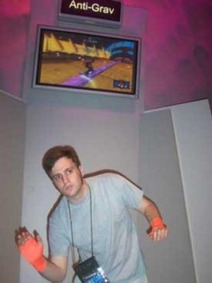 Trying out Harmonix's EyeToy Anti-Grav at my first E3 in 2004. The gloves let the PS2 camera see your hands accurately and made for a great fashion statement!