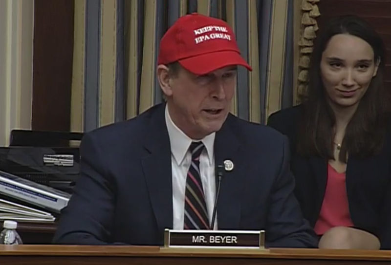 Congressman Don Beyer (D-VA) tweaks the hearing's title by donning a red "KEEP THE EPA GREAT" hat.