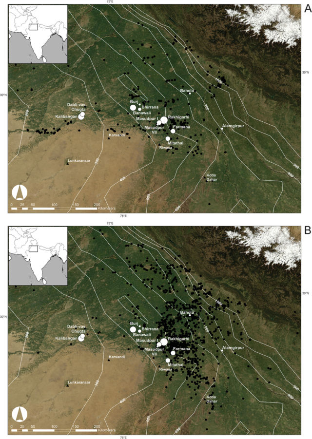 Here you can see distribution of urban-phase Indus settlements (A) and post-urban-phase Indus settlements (B) in northwest India and their relationship to mean annual rainfall (1900–2008). It's clear that sites moved eastward over time, possibly to capture more rain as the monsoons weakened to the state they're in today. Major Indus sites and sites investigated by the Land, Water and Settlement project are shown in white.