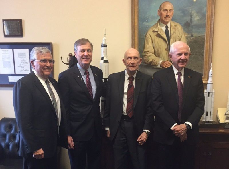 Hon. Harrison Schmitt, US Rep. Brian Babin, Lt. Gen. Thomas Stafford, and Tom Young pose for a photo on Tuesday.