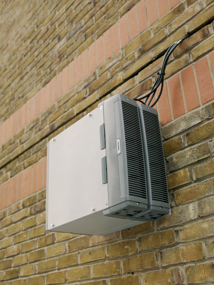 Nokia's Flexi Multiradio 10 base station, affixed to a brick wall. In a new lawsuit, the product has been accused of infringing Blackberry patents. 