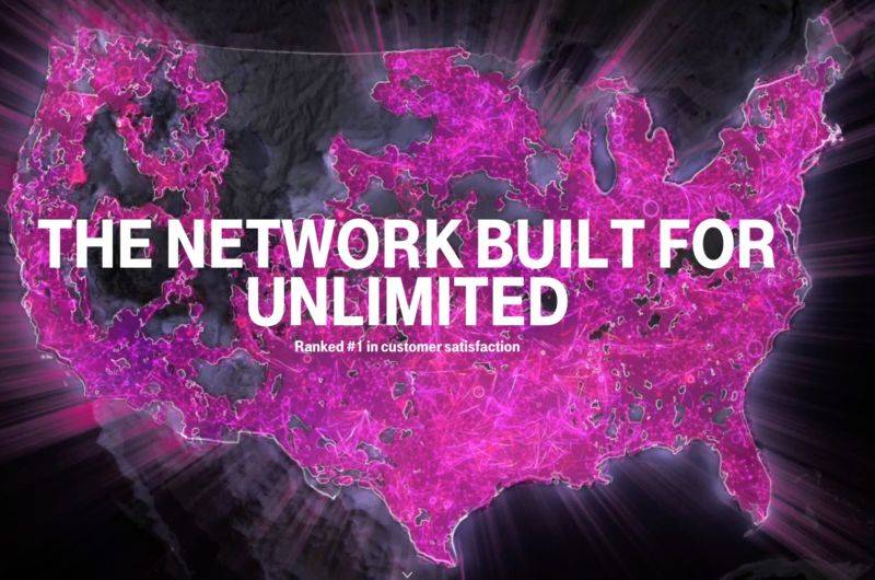 A map of the USA, with T-Mobile coverage areas highlighted in pink, and the words 