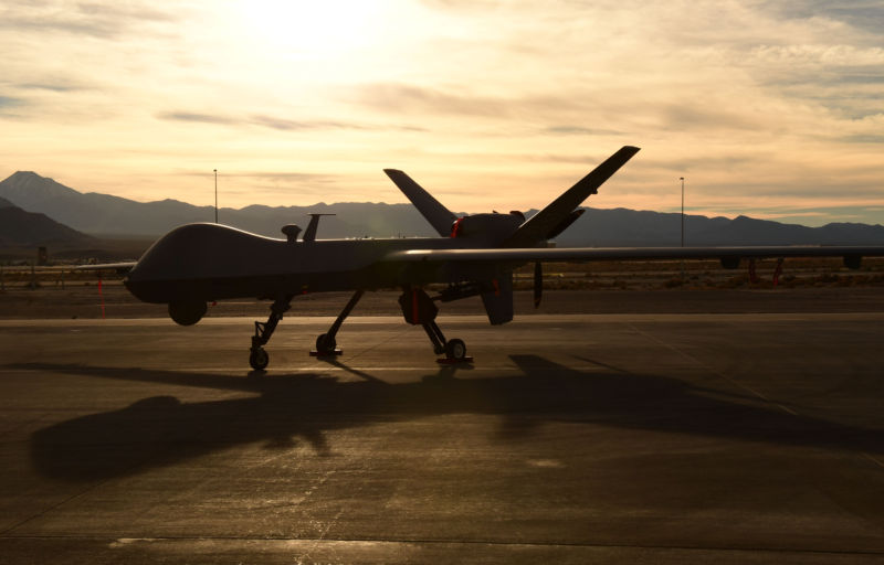 A US Air Force MQ-9 Reaper awaits maintenance December 8, 2016, at Creech Air Force Base, Nevada. Training materials for the Reaper Aircraft Maintenance Unit were stolen by a hacker exploiting a Netgear router.