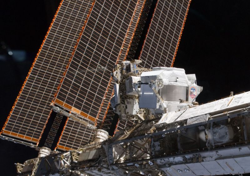 A view of the Alpha Magnetic Spectrometer on the station.