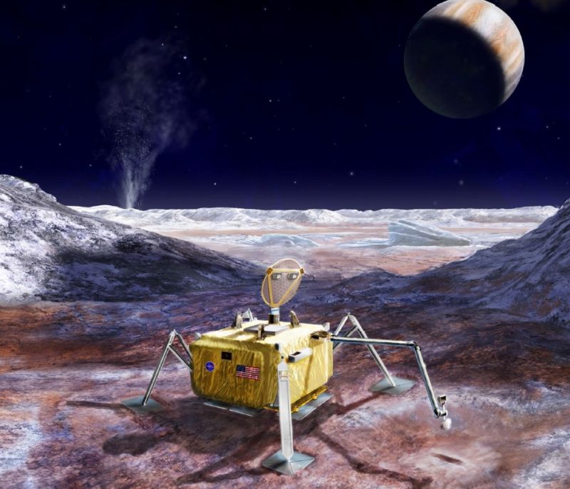 Artist's concept of the Europa lander. Note the sample arm in the foreground with a rotary cutter.