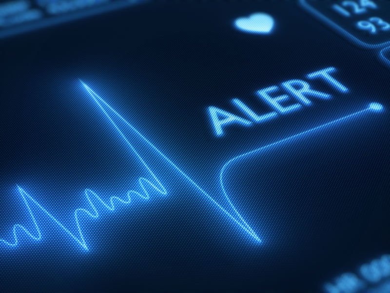 Flat line alert on a heart monitor - 3d render on detailed pixellated screen.