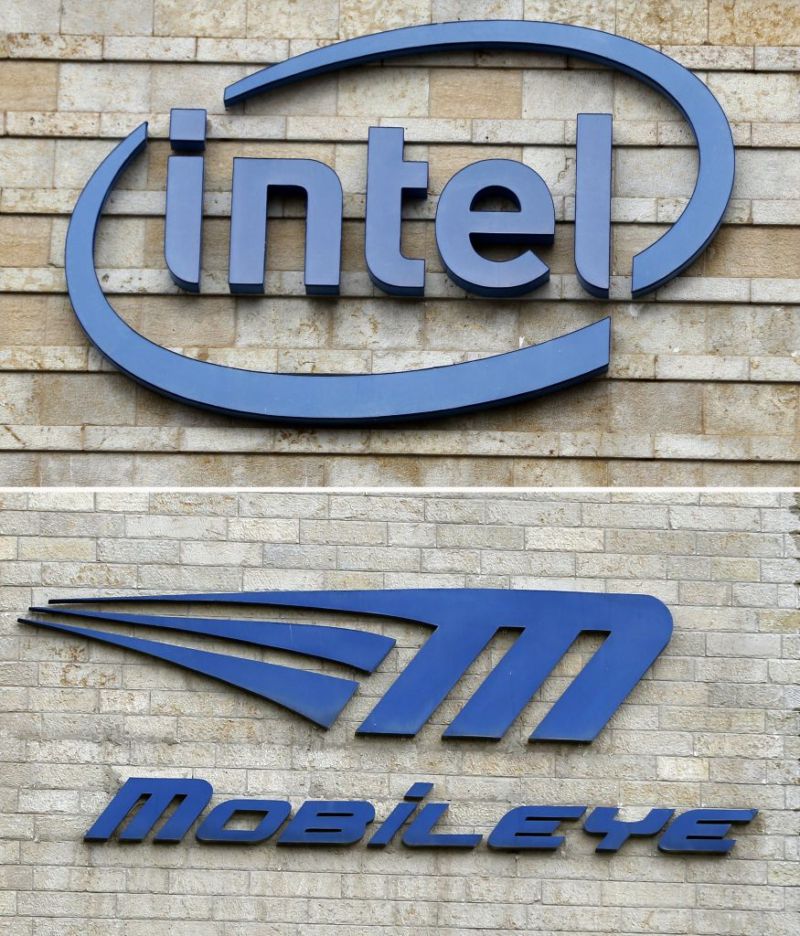 A combination of pictures taken in Jerusalem on March 13, 2017, shows the logos of US computer chip giant Intel (top) and Israeli car tech firm Mobileye. Intel will buy Mobileye for more than $15 billion (14 billion euros), the companies said, in a deal signaling the US computer chip giant's commitment to technology for self-driving vehicles.