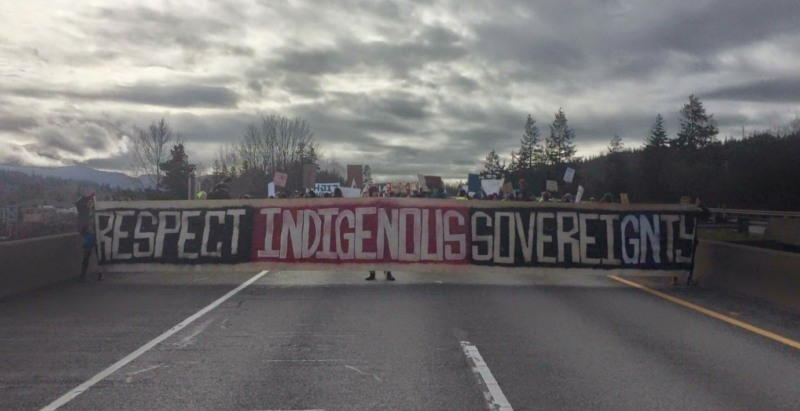 Dakota Access Pipeline protesters snarl traffic on Interstate 5 in Washington state on February 11.