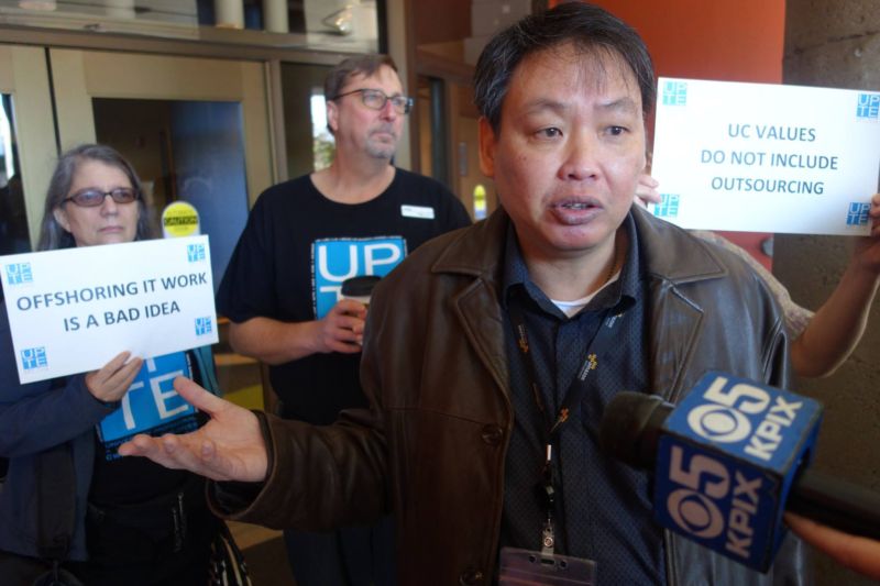 Laid-off unionized IT workers at the University of California's San Francisco campus protested and spoke to the media on their last day of work. 