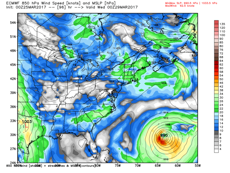The European model shows the formation of a subtropical cyclone next Tuesday in the Atlantic Ocean.
