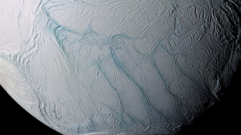 The features at the south pole of Enceladus associated with the geysers the moon releases into space.