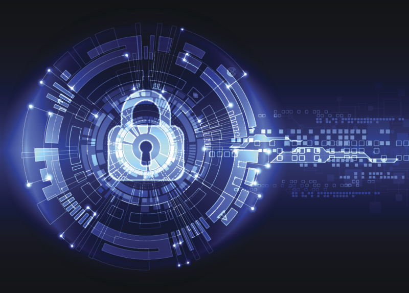 Illustration of a lock and keyhole surrounded by data bits.