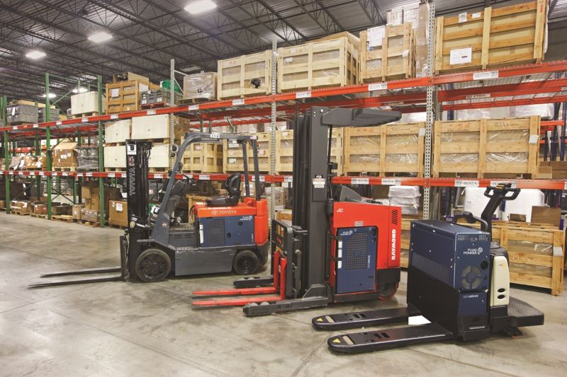 Forklifts outfitted with Plug Power hydrogen fuel cells.