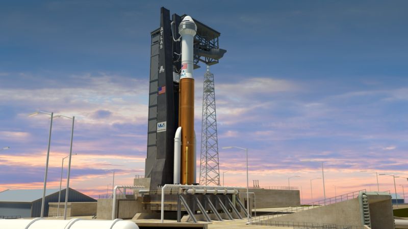 An artist's concept of Starliner on top of an Atlas V rocket.