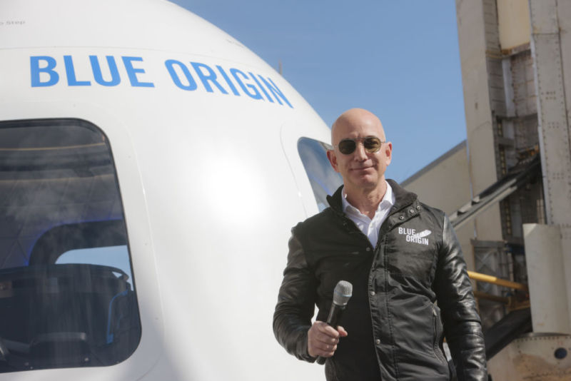 Jeff Bezos speaking at the unveiling of the Blue Origin New Shepard system during the Space Symposium on Wednesday, April 5, 2017.