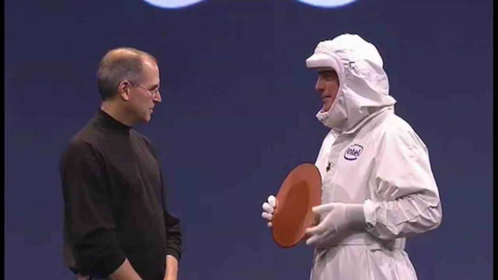 In a silly bit of theater, then-newly minted Intel CEO Paul Otellini hands Steve Jobs a silicon wafer onstage at WWDC in 2005.