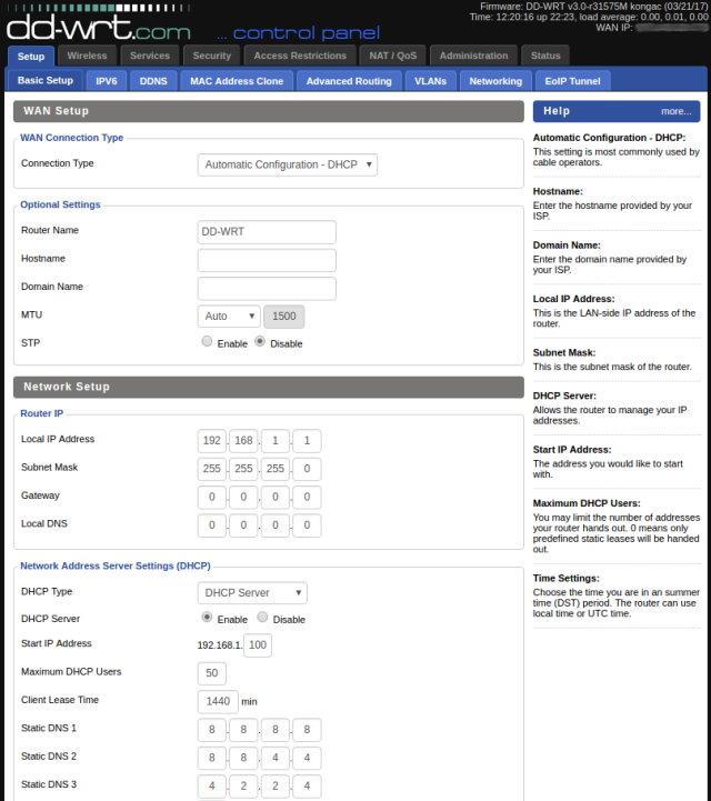 Observe que as configurações de DNS estão COMPLETAMENTE preenchidas aqui.  Se você deixar um dos três espaços em branco em 0.0.0.0, ele será substituído por um dos servidores DNS do ISP, potencialmente vazando informações para eles (ou abertura de vulnerabilidades para manipulação) que você não deseja.