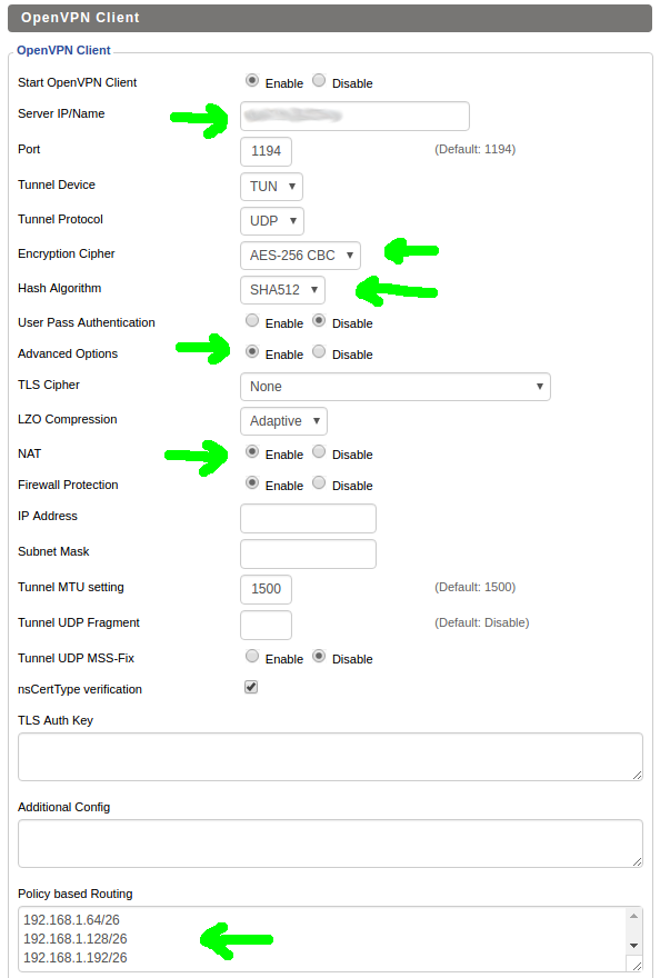 A caixa de diálogo DD-WRT VPN, com a maioria das coisas que você precisará alterar dos valores padrão realçados.  Observe que o certificado CA real e o certificado e a chave do cliente não são mostrados aqui - eles estão apenas na parte inferior da tela, com os botões "Salvar" e "Aplicar" embaixo deles um pouco mais.