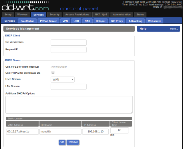 Na seção de roteamento baseada em diretivas, dissemos ao DD-WRT para enviar clientes em 192.168.1.64/26, 192.168.1.128/26 e 192.168.1.192/26 através da VPN em vez de diretamente para a Internet.  Colocando meu monolito de servidor de teste aqui em 192.168.1.10 - dentro desse intervalo de 0-63 que não cobrimos nas rotas de política - significa que o monolito não usará a VPN.  No mundo real, você usaria isso para Rokus ou outros dispositivos cliente de mídia que precisem evitar o Netflix / Hulu / SKY / quaisquer restrições anti-VPN.