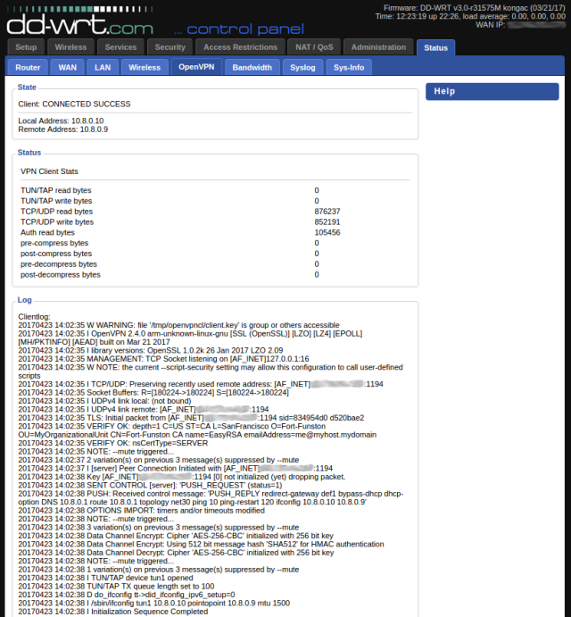 Você recebe muita caixa de diálogo chewy aqui quando o cliente VPN tenta se conectar ao servidor.  A linha de dinheiro aqui é "Seqüência de Inicialização Concluída".  Se você ver que, tudo é quase certamente bem.  Se você não fizer isso, algo absolutamente não é, e você precisará perseguir o problema para baixo.