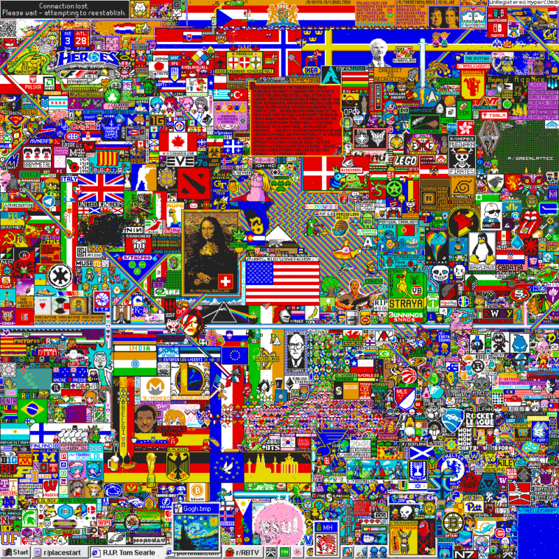 The final, community-built image stamped onto reddit.com/r/place before the 72-hour experiment was shut down on Monday morning.