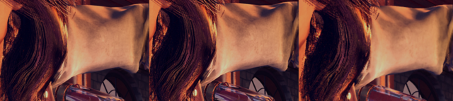Detail of the hair and shirt texture. From left to right: Scorpio 4K native, Scorpio 1080p supersampled at 200 percent, Xbox One 1080p at 200 percent. You'll probably need to click through to the full size image to see the difference.