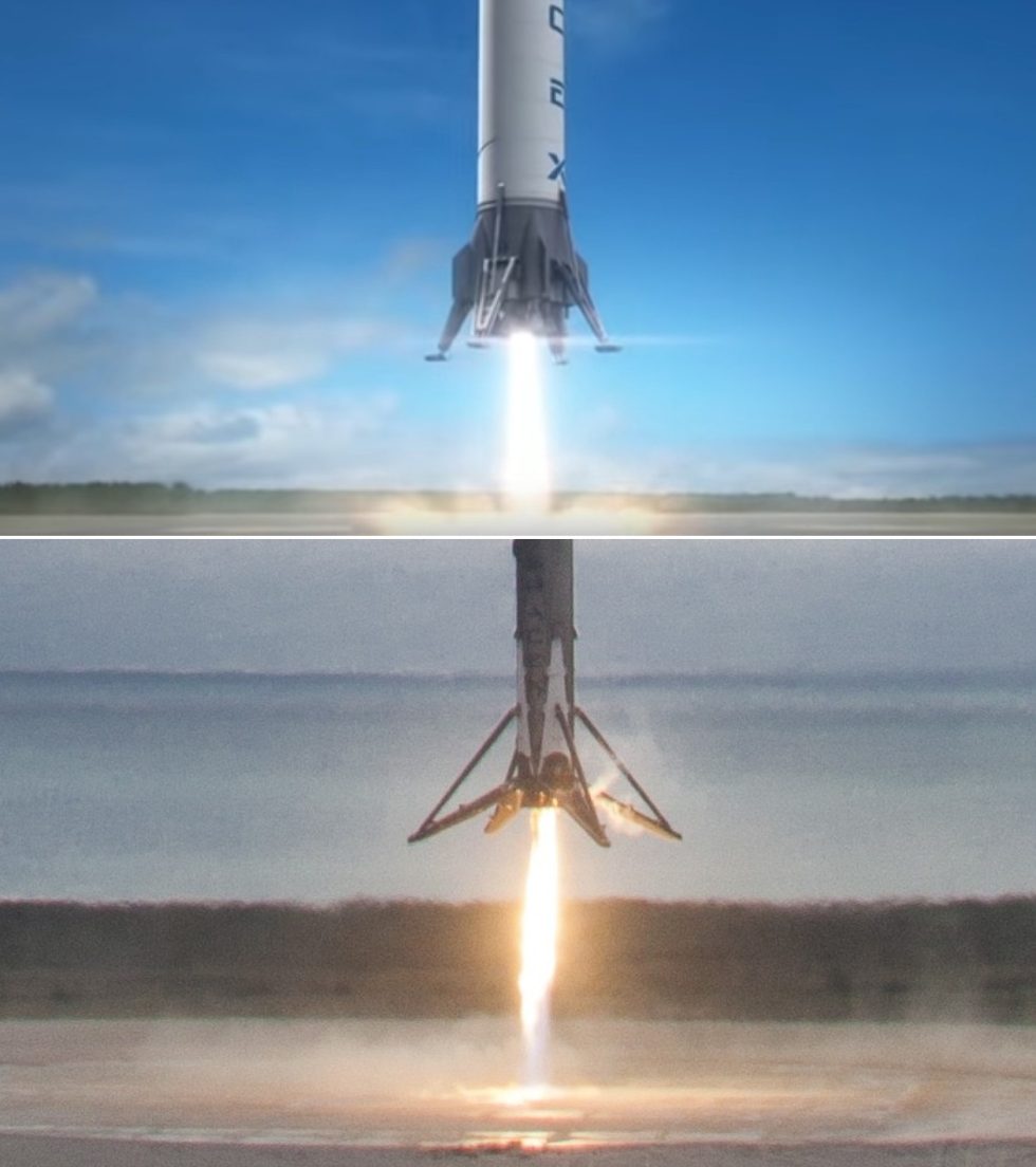 A simulated rocket landing in 2011, top notch, and the real thing earlier this year.
