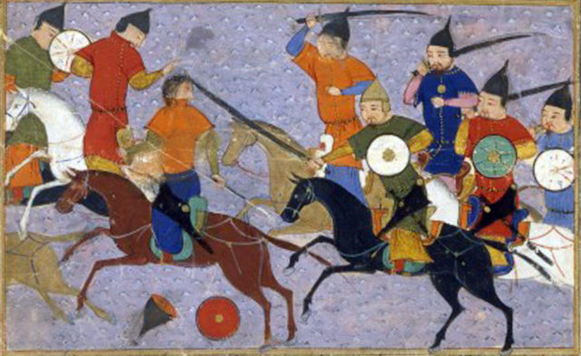 This is a representation of a battle between Mongols and the Chinese, recorded in 1211 in the <em>Jami' al-tawarikh</em>, by Rashid al-Din. Note the Mongols standing in their saddles. 