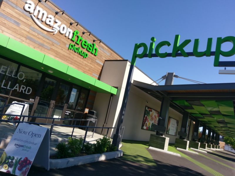 Amazon's first public grocery store, now open in the Seattle neighborhood of Ballard. But you can't go inside. Pickup only.