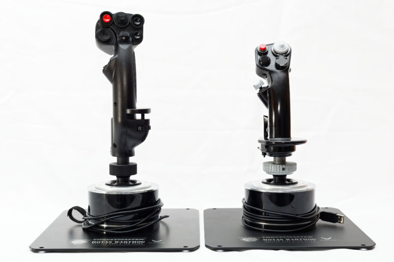 The MongoosT-50 stick in a Warthog base, left, compared to a standard Thrustmaster Warthog stick at right.
