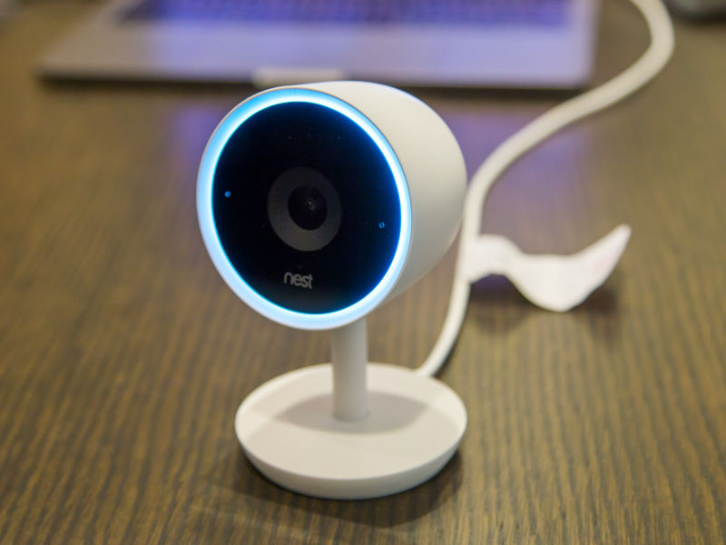 The Nest Cam IQ. The blue glow means it's recording.