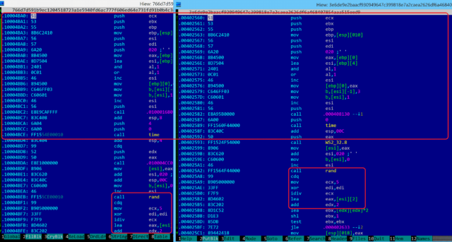 Red highlights show identical code shared between a February version of WCry and a 2015 backdoor used by Lazarus Group.