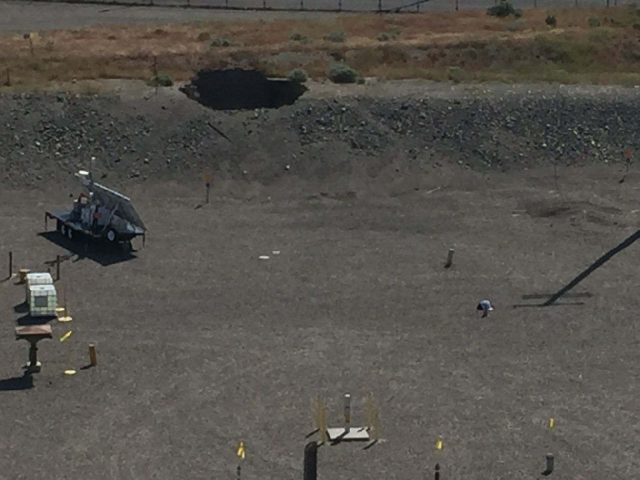  From Hanford.gov: "This picture shows a 20-foot by 20-foot hole in the roof of a tunnel that is hundreds of feet long. Surveys of the area show no indication of release of contamination as a result of the cave-in."