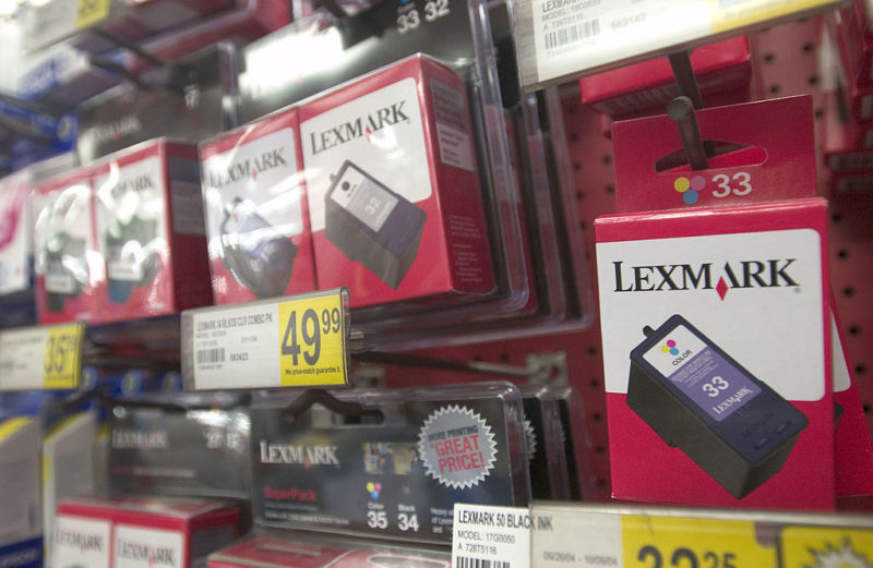 Lexmark printer cartridges in a Staple's store in New York.