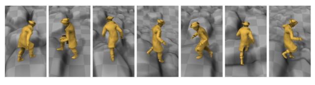 A few of the varied traversal poses generated by the neural network, adapted from raw motion-capture data.