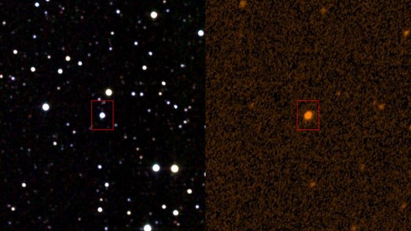Image of the star KIC 8462852 at infrared (left) and ultraviolet (right) wavelengths.