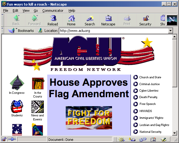 Front page of the ACLU website in June, 1997.